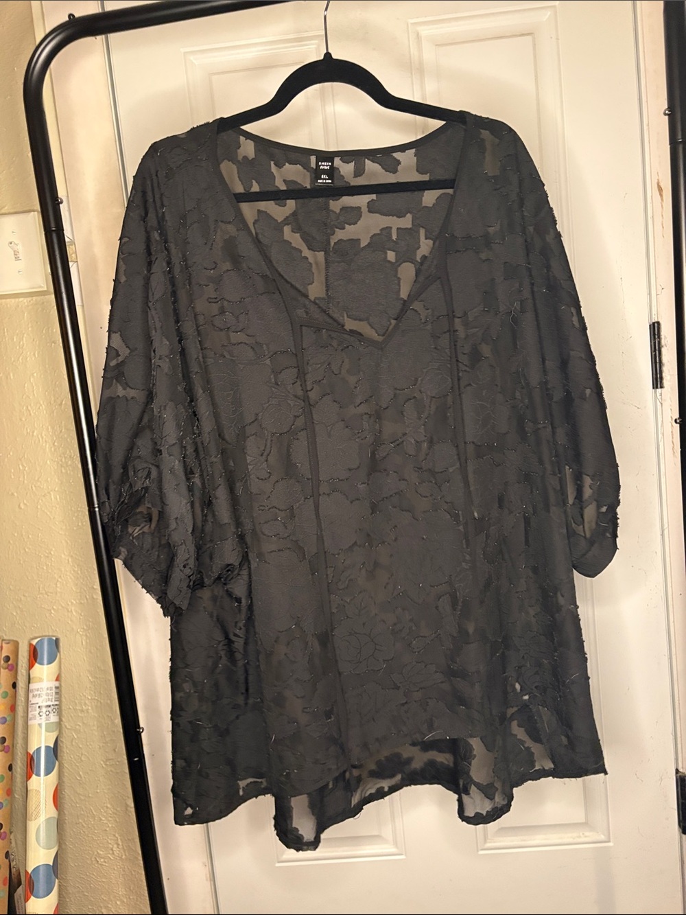 SHEIN Sheer Floral Lace V-Neck Top - Black